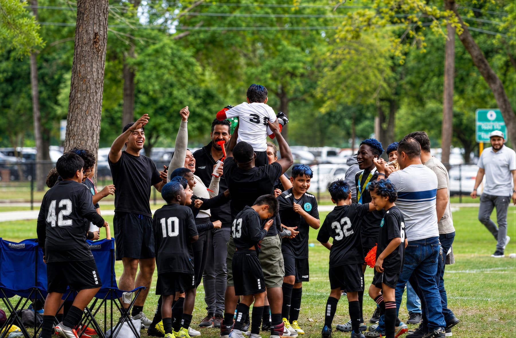 NEXO players, coaches and parents celebrate together on the field, lifting a player into the air
